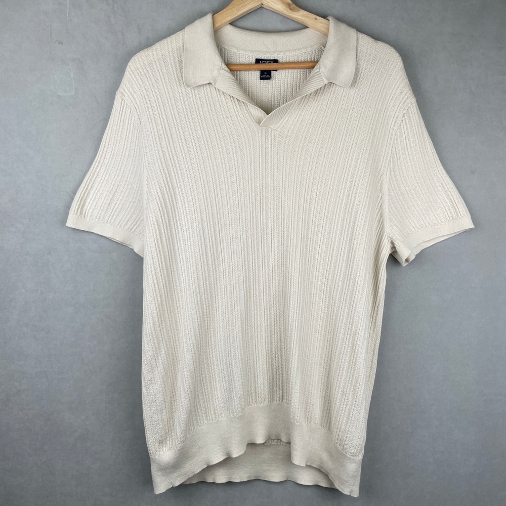 J.Crew Mens Cream Ribbed Cotton Short Sleeve Sweater Boho Polo BY969 Fits SMALL
